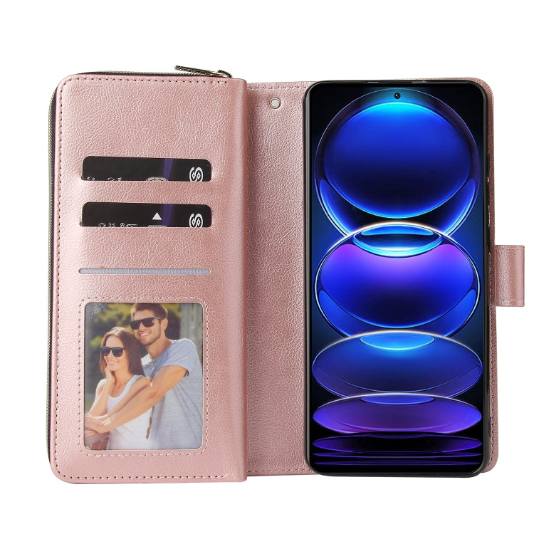 For Xiaomi Redmi Note 12 5G Global / Poco X5 9 Card Slots Zipper Wallet Bag Leather Phone Case(Rose Gold)