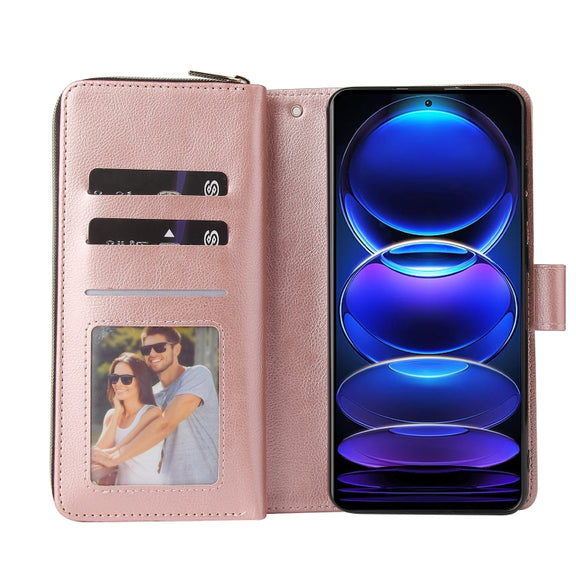 For Xiaomi Redmi Note 12 5G Global / Poco X5 9 Card Slots Zipper Wallet Bag Leather Phone Case(Rose Gold)
