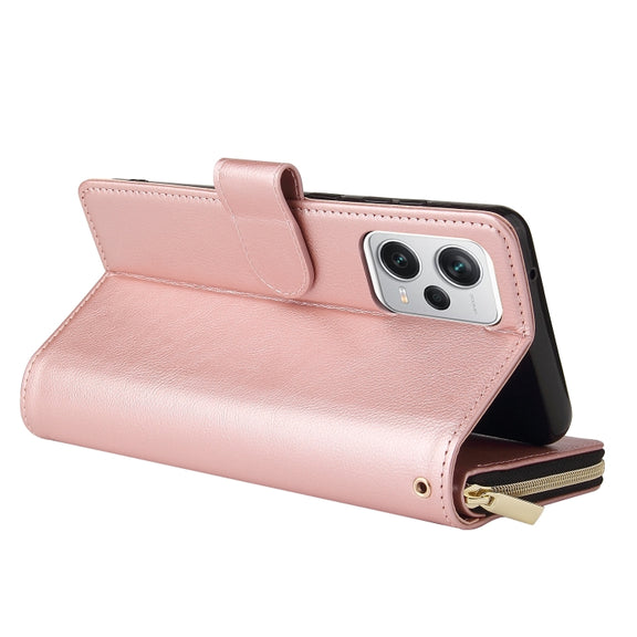 For Xiaomi Redmi Note 12 5G Global / Poco X5 9 Card Slots Zipper Wallet Bag Leather Phone Case(Rose Gold)