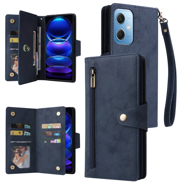 For Xiaomi Redmi Note 12 5G Global / Poco X5 Rivet Buckle 9 Cards Three Fold Leather Phone Case(Blue)