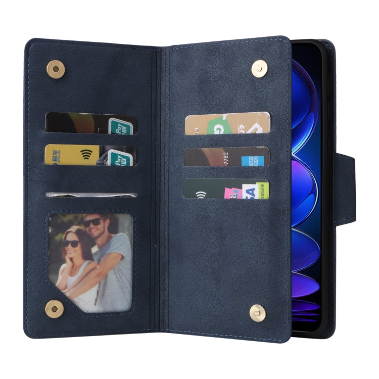 For Xiaomi Redmi Note 12 5G Global / Poco X5 Rivet Buckle 9 Cards Three Fold Leather Phone Case(Blue)