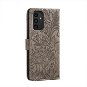 For Samsung Galaxy A14 4G Lace Flower Embossing Flip Leather Phone Case(Grey)