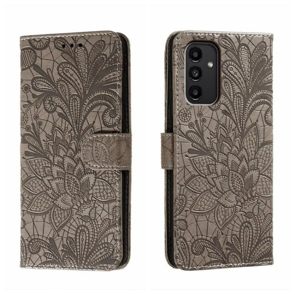 For Samsung Galaxy A14 4G Lace Flower Embossing Flip Leather Phone Case(Grey)