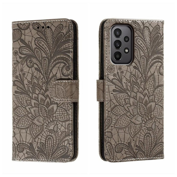 For Samsung Galaxy A24 5G Lace Flower Embossing Flip Leather Phone Case(Grey)