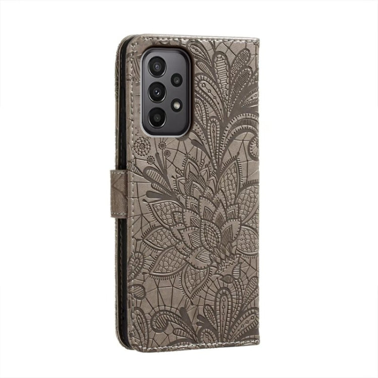 For Samsung Galaxy A24 5G Lace Flower Embossing Flip Leather Phone Case(Grey)