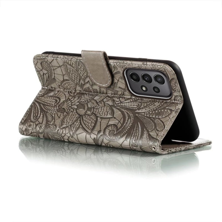 For Samsung Galaxy A24 5G Lace Flower Embossing Flip Leather Phone Case(Grey)