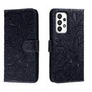 For Samsung Galaxy A34 5G Lace Flower Embossing Flip Leather Phone Case(Dark Blue)