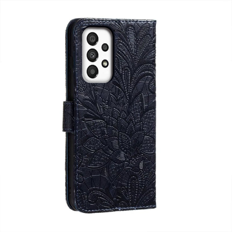 For Samsung Galaxy A34 5G Lace Flower Embossing Flip Leather Phone Case(Dark Blue)