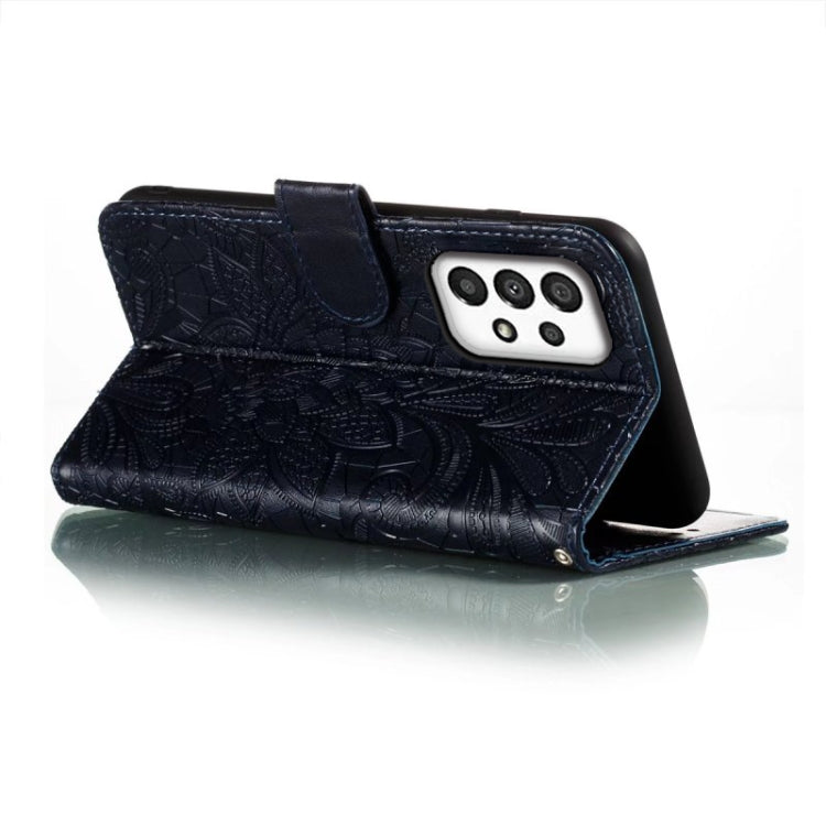 For Samsung Galaxy A34 5G Lace Flower Embossing Flip Leather Phone Case(Dark Blue)