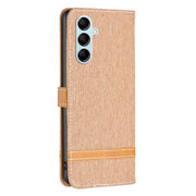 For Samsung Galaxy M14 5G Color Block Denim Texture Leather Phone Case(Brown)