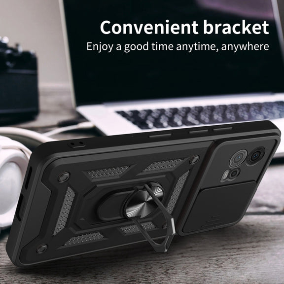 For Motorola Moto G72 Sliding Camera Cover Design TPU+PC Phone Case(Black)