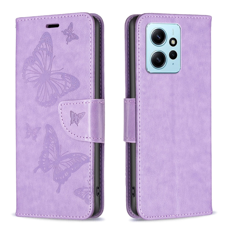 For Xiaomi Redmi Note 12 4G Global Two Butterflies Embossing Leather Phone Case(Purple)
