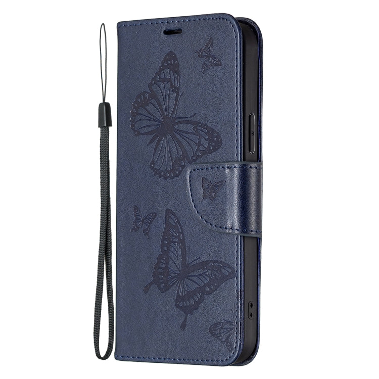 For Samsung Galaxy M14 5G Two Butterflies Embossing Leather Phone Case(Blue)