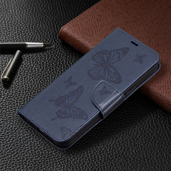 For Samsung Galaxy M14 5G Two Butterflies Embossing Leather Phone Case(Blue)