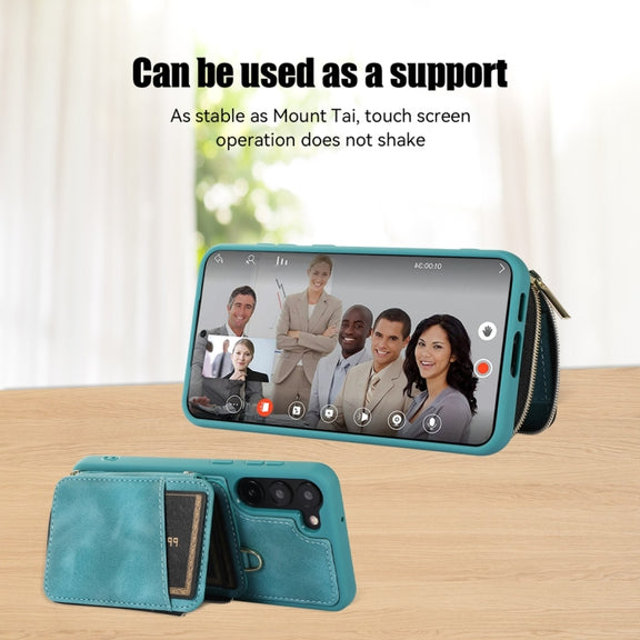 For Samsung Galaxy S23 5G Zipper Card Bag Back Cover Phone Case(Turquoise)