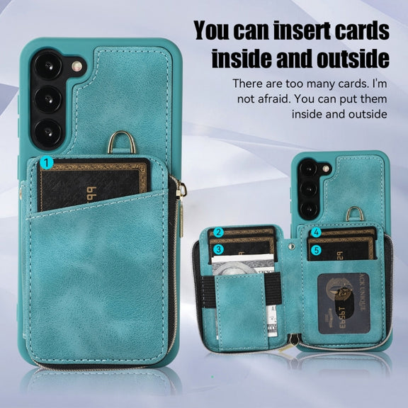 For Samsung Galaxy S23 5G Zipper Card Bag Back Cover Phone Case(Turquoise)