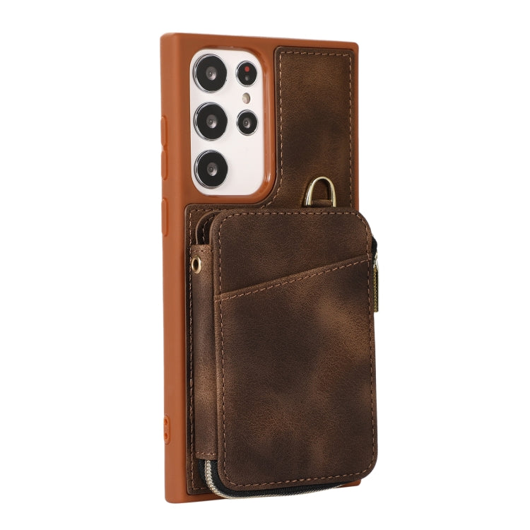 For Samsung Galaxy S22 Ultra 5G Zipper Card Bag Back Cover Phone Case(Brown)
