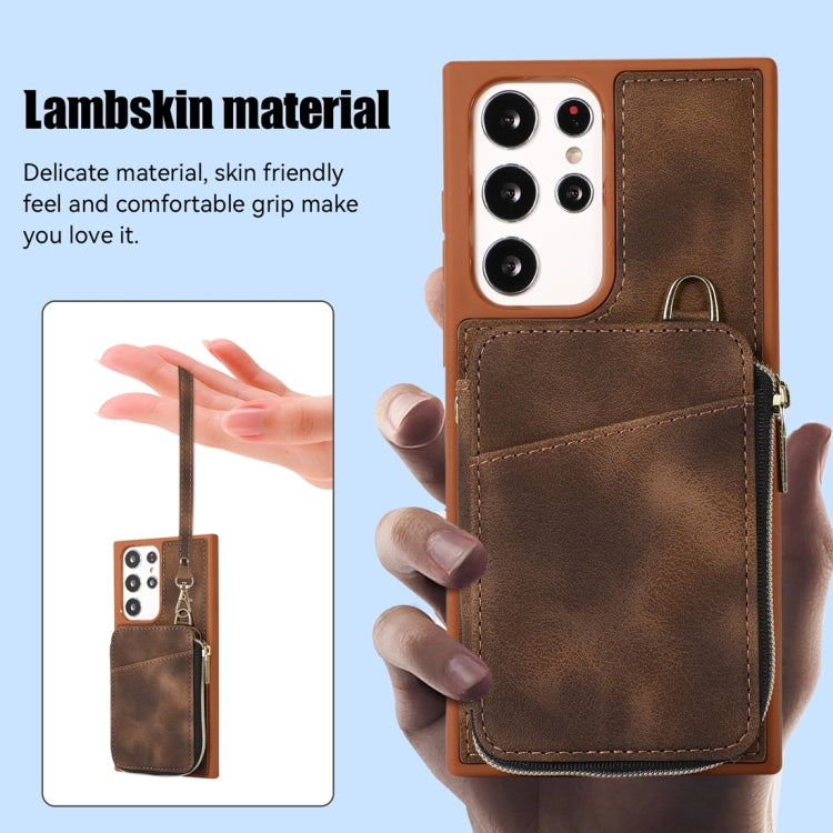 For Samsung Galaxy S22 Ultra 5G Zipper Card Bag Back Cover Phone Case(Brown)