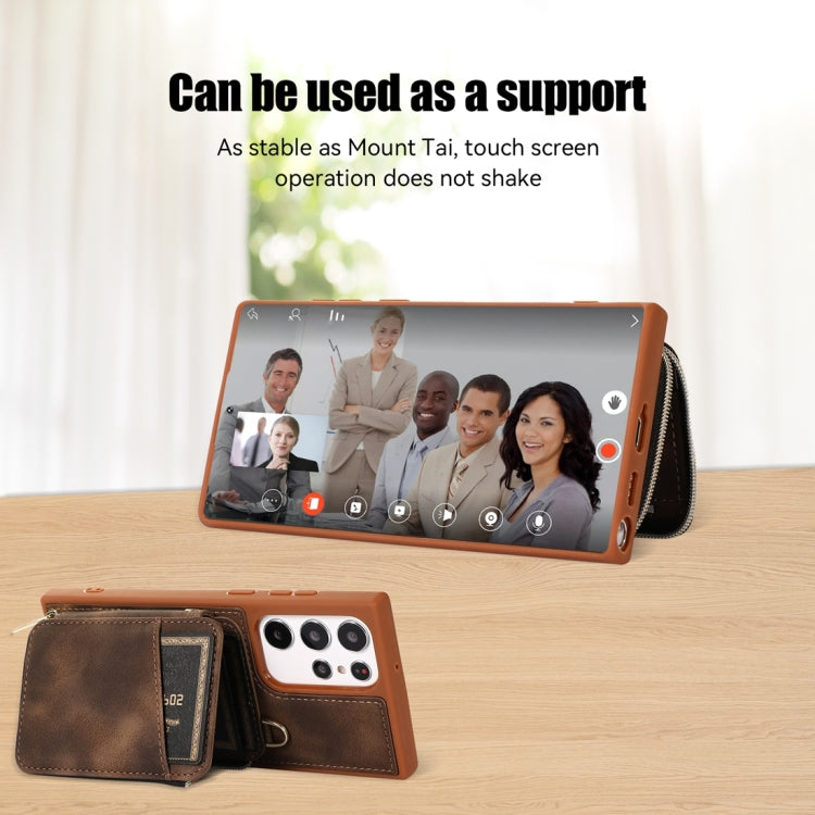 For Samsung Galaxy S22 Ultra 5G Zipper Card Bag Back Cover Phone Case(Brown)