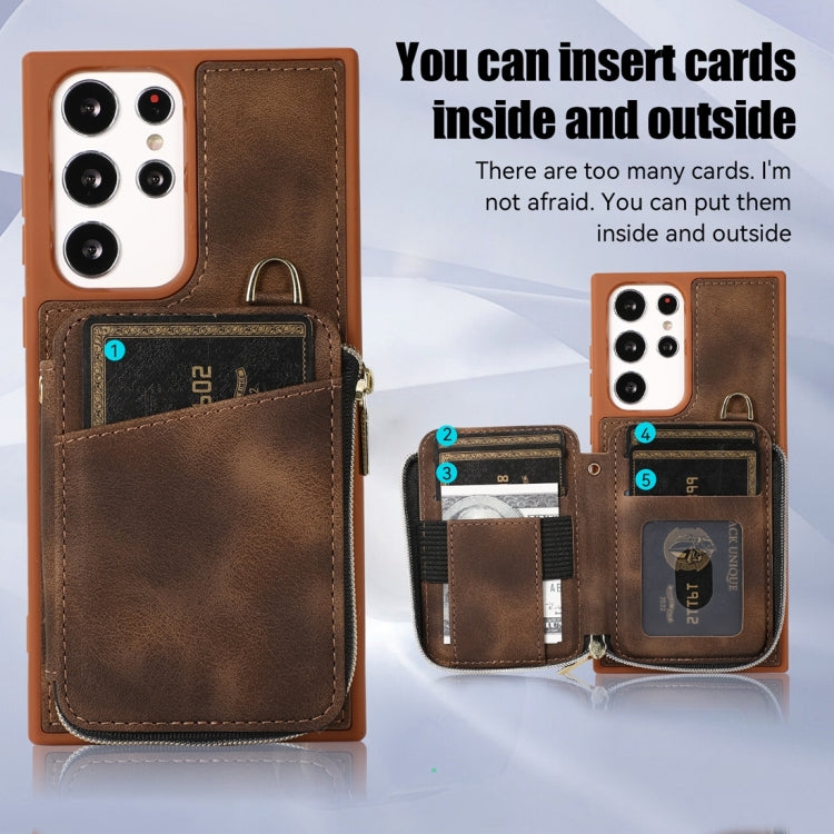 For Samsung Galaxy S22 Ultra 5G Zipper Card Bag Back Cover Phone Case(Brown)