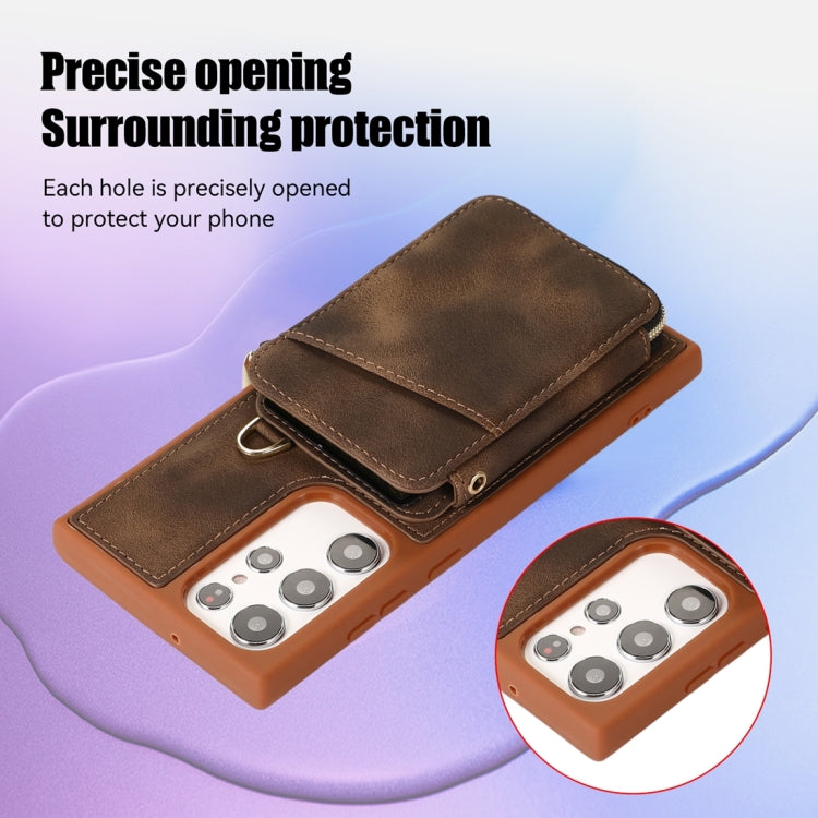 For Samsung Galaxy S22 Ultra 5G Zipper Card Bag Back Cover Phone Case(Brown)