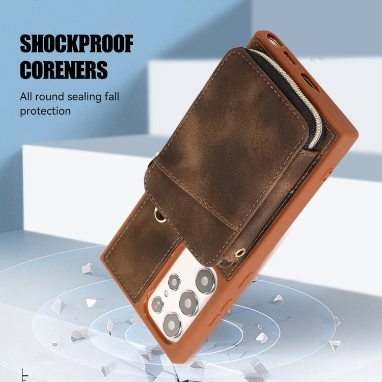 For Samsung Galaxy S22 Ultra 5G Zipper Card Bag Back Cover Phone Case(Brown)