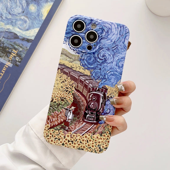 For iPhone 14 Plus Precise Hole Oil Painting Glossy PC Phone Case(Train)