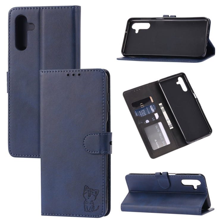 For Samsung Galaxy A14 5G Embossed Happy Cat Pattern Flip Leather Phone Case(Blue)