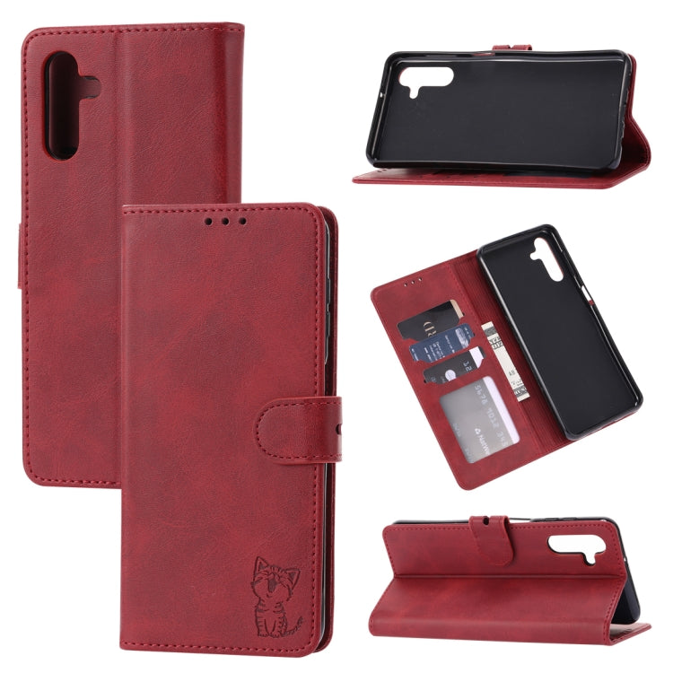 For Samsung Galaxy A34 5G Embossed Happy Cat Pattern Flip Leather Phone Case(Red)