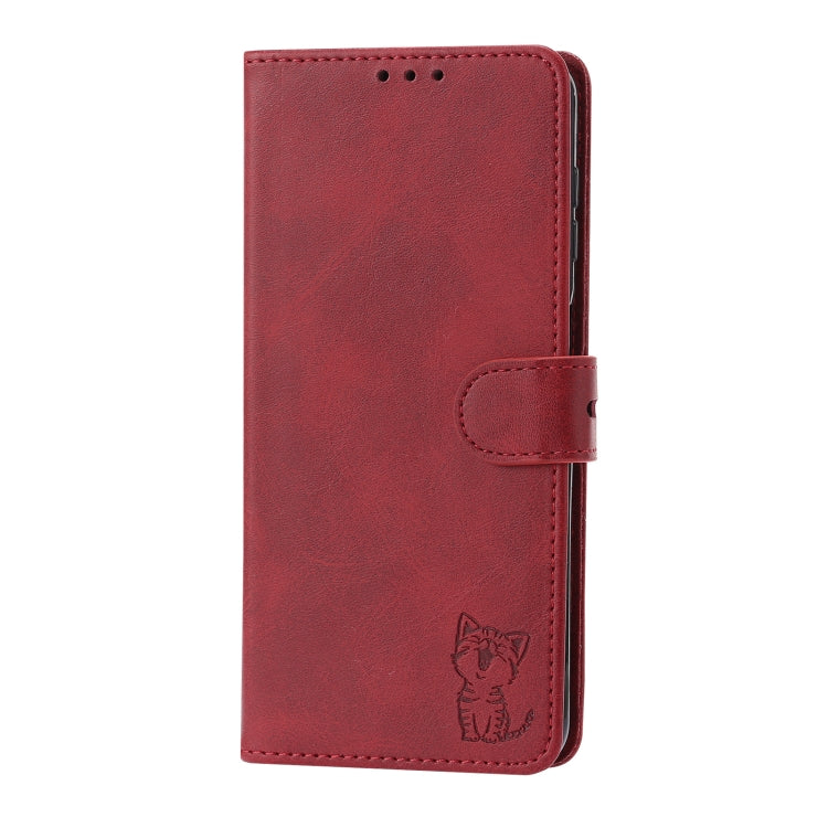 For Samsung Galaxy A34 5G Embossed Happy Cat Pattern Flip Leather Phone Case(Red)