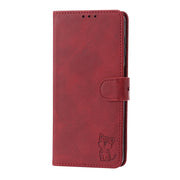 For Samsung Galaxy A34 5G Embossed Happy Cat Pattern Flip Leather Phone Case(Red)