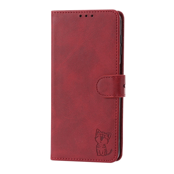 For Samsung Galaxy A34 5G Embossed Happy Cat Pattern Flip Leather Phone Case(Red)