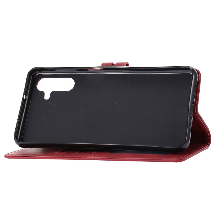 For Samsung Galaxy A34 5G Embossed Happy Cat Pattern Flip Leather Phone Case(Red)