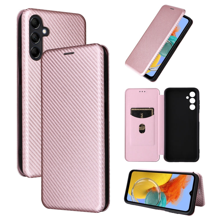 For Samsung Galaxy M14 5G Global Carbon Fiber Texture Flip Leather Phone Case(Pink)