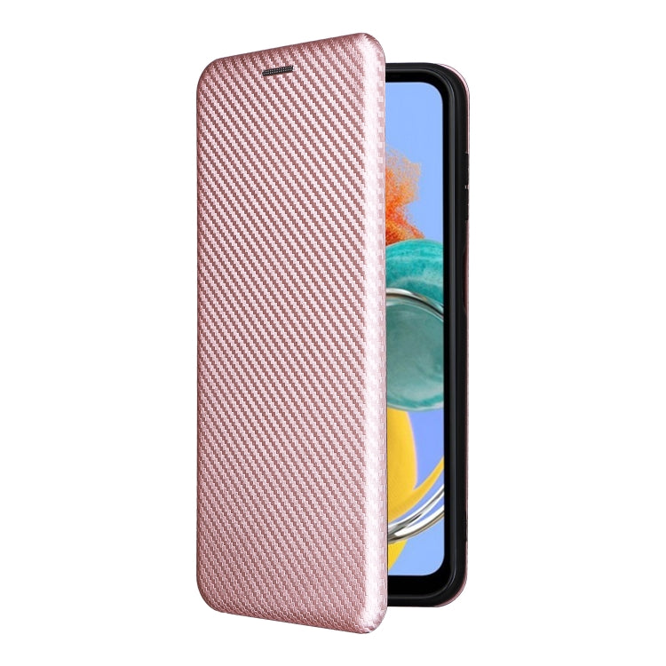 For Samsung Galaxy M14 5G Global Carbon Fiber Texture Flip Leather Phone Case(Pink)