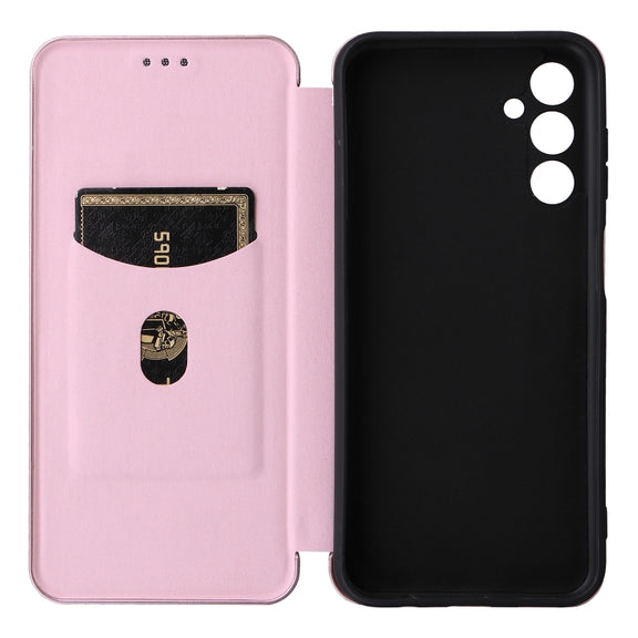 For Samsung Galaxy M14 5G Global Carbon Fiber Texture Flip Leather Phone Case(Pink)