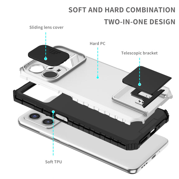 For Xiaomi Redmi Note 12 5G / Poco X5 Stereoscopic Holder Sliding Camshield Phone Case(White)
