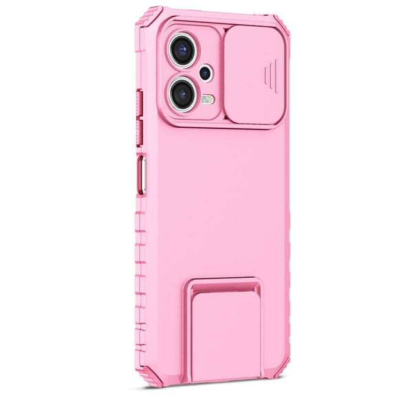 For Xiaomi Redmi Note 12 5G / Poco X5 Stereoscopic Holder Sliding Camshield Phone Case(Pink)