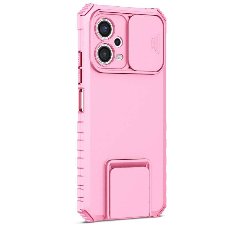 For Xiaomi Redmi Note 12 5G / Poco X5 Stereoscopic Holder Sliding Camshield Phone Case(Pink)