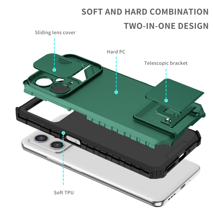 For Xiaomi Redmi Note 12 5G / Poco X5 Stereoscopic Holder Sliding Camshield Phone Case(Green)