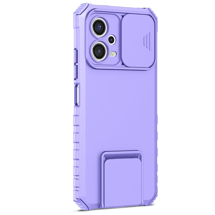 For Xiaomi Redmi Note 12 5G / Poco X5 Stereoscopic Holder Sliding Camshield Phone Case(Purple)