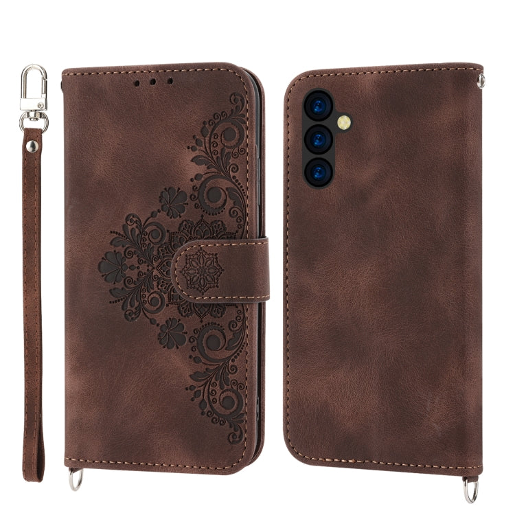 For Samsung Galaxy A24 4G Global Skin-feel Flowers Embossed Wallet Leather Phone Case(Brown)