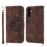 For Samsung Galaxy A24 4G Global Skin-feel Flowers Embossed Wallet Leather Phone Case(Brown)