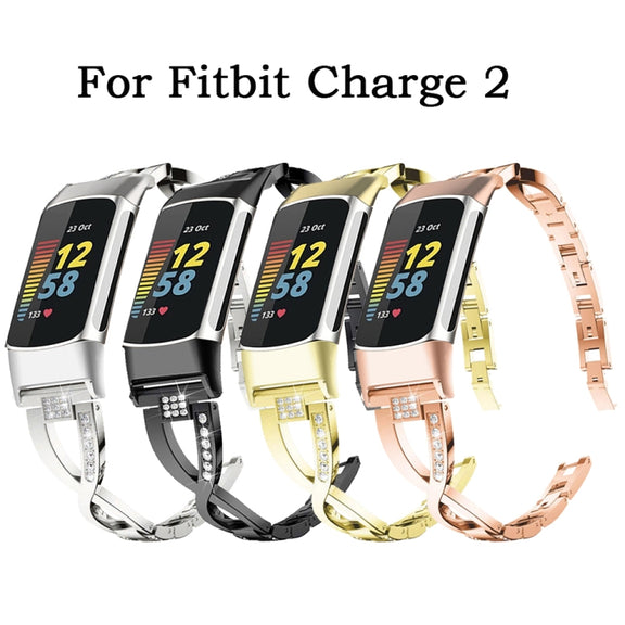 For Fitbit Charge 2 Diamond Metal Watch Band(Rose Gold)