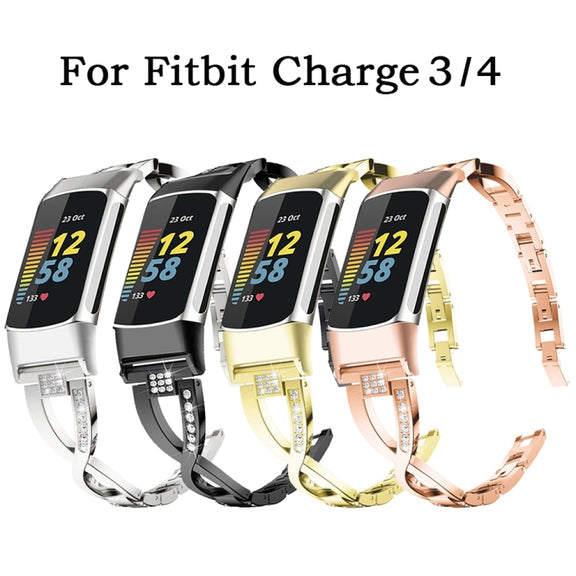 For Fitbit Charge 3 / 4 Diamond Metal Watch Band(Black)