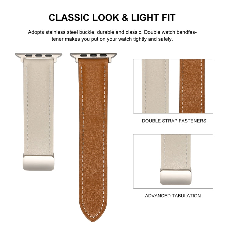 Folding Buckle Genuine Leather Watch Band For Apple Watch Series 8&7 41mm / SE 2&6&SE&5&4 40mm / 3&2&1 38mm(White + Brown)