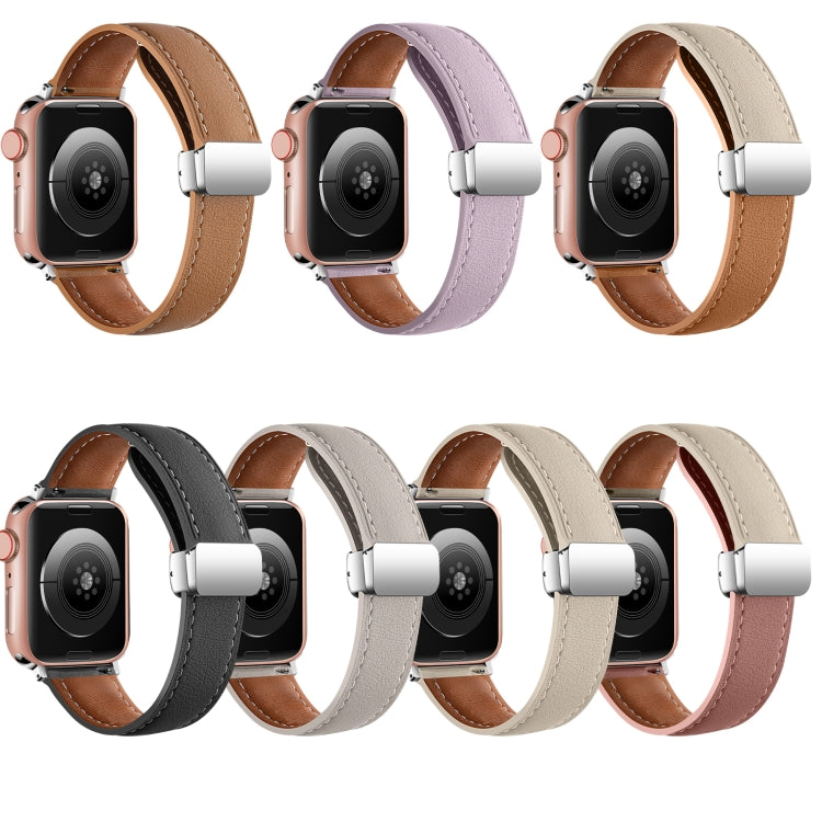Folding Buckle Genuine Leather Watch Band For Apple Watch Series 8&7 41mm / SE 2&6&SE&5&4 40mm / 3&2&1 38mm(White + Brown)