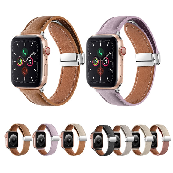 Folding Buckle Genuine Leather Watch Band For Apple Watch Series 8&7 41mm / SE 2&6&SE&5&4 40mm / 3&2&1 38mm(White + Brown)