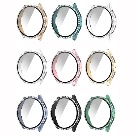 For Samsung Galaxy Watch5 44mm Single Row Diamond PC + Tempered Glass Watch Case(Midnight Blue)