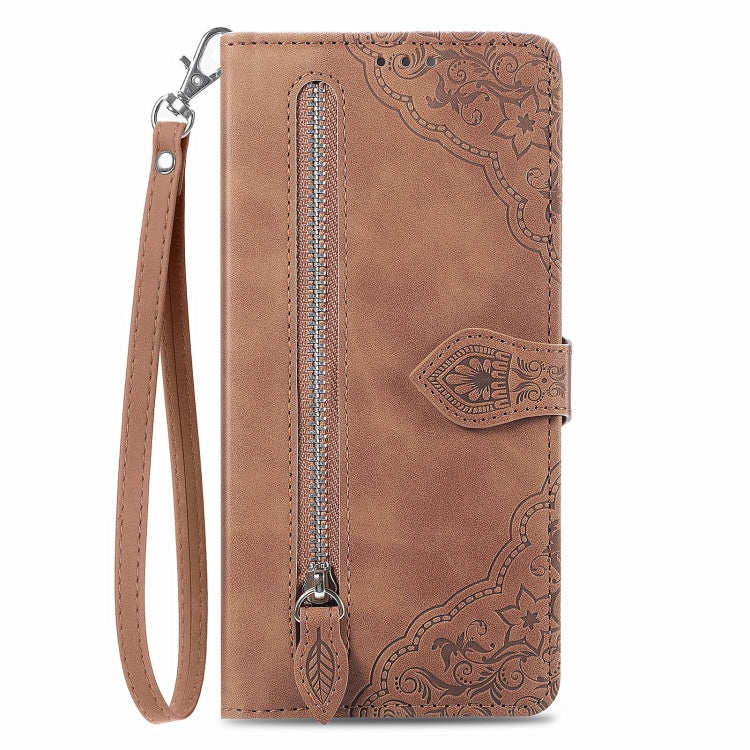 For TCL 40 SE Embossed Flower Zipper Leather Phone Case(Brown)